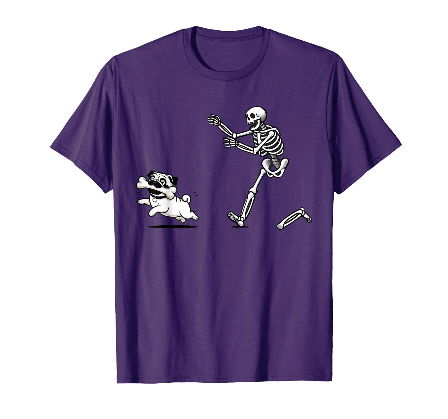 Funny Halloween Skeleton Chasing Pug Spooky Season Pet Lover T-Shirt