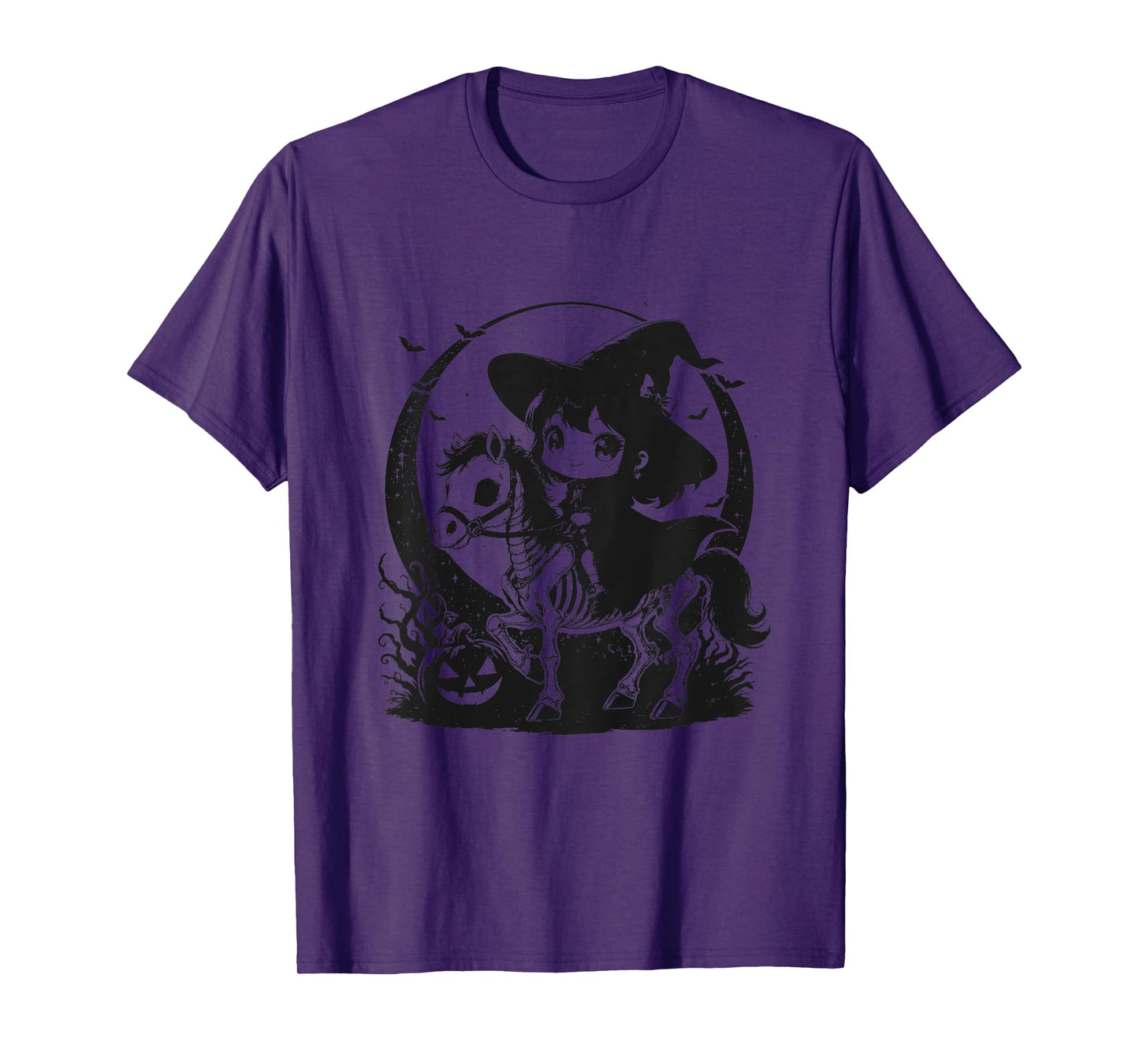 Halloween Girl Witch Riding Horse Skeleton Cute Graphic T-Shirt