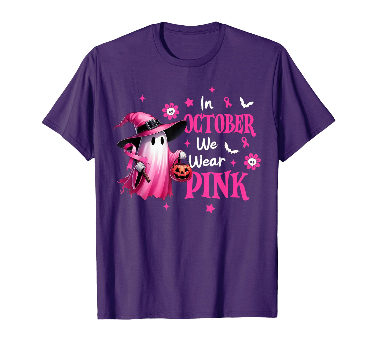 In October We Wear Pink Ghost Witch Breast Cancer Awareness T-Shirt