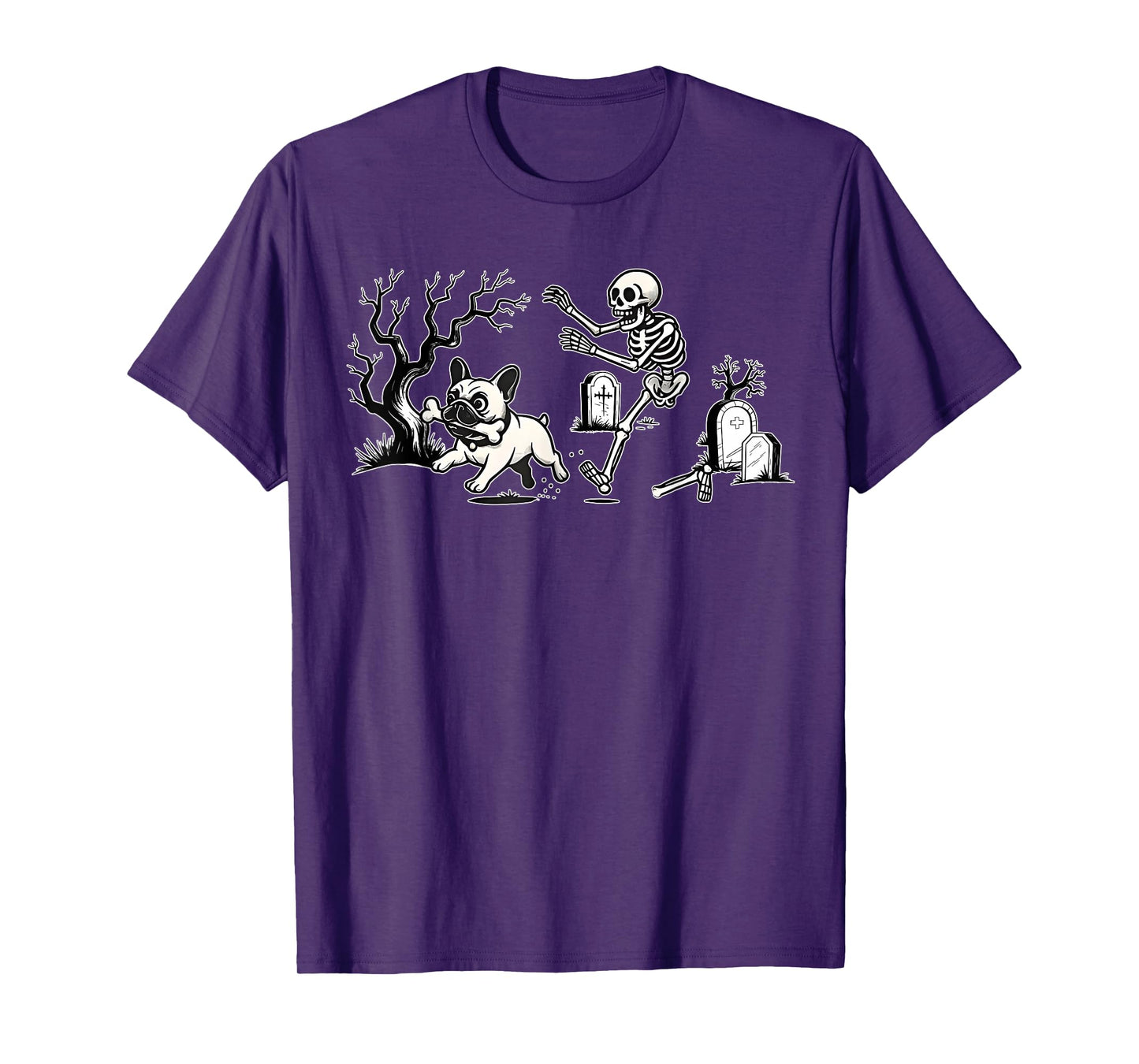 Skeleton Chasing French Bulldog Halloween Dog Mom Pet Lover T-Shirt
