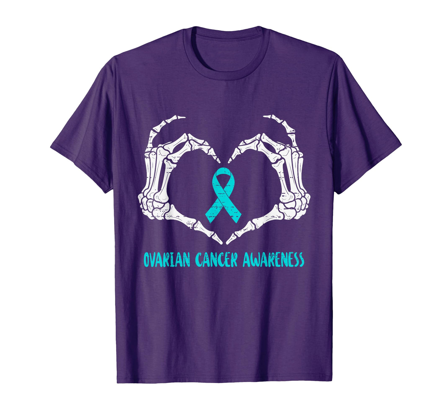 Ovarian Cancer Awareness Skeleton Hand Heart Ribbon Teal T-Shirt