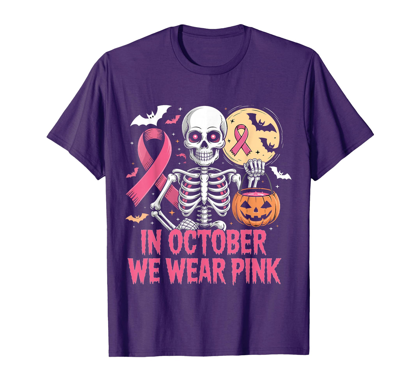 in October We Wear Pink Skeleton Breast Cancer Halloween T-Shirt