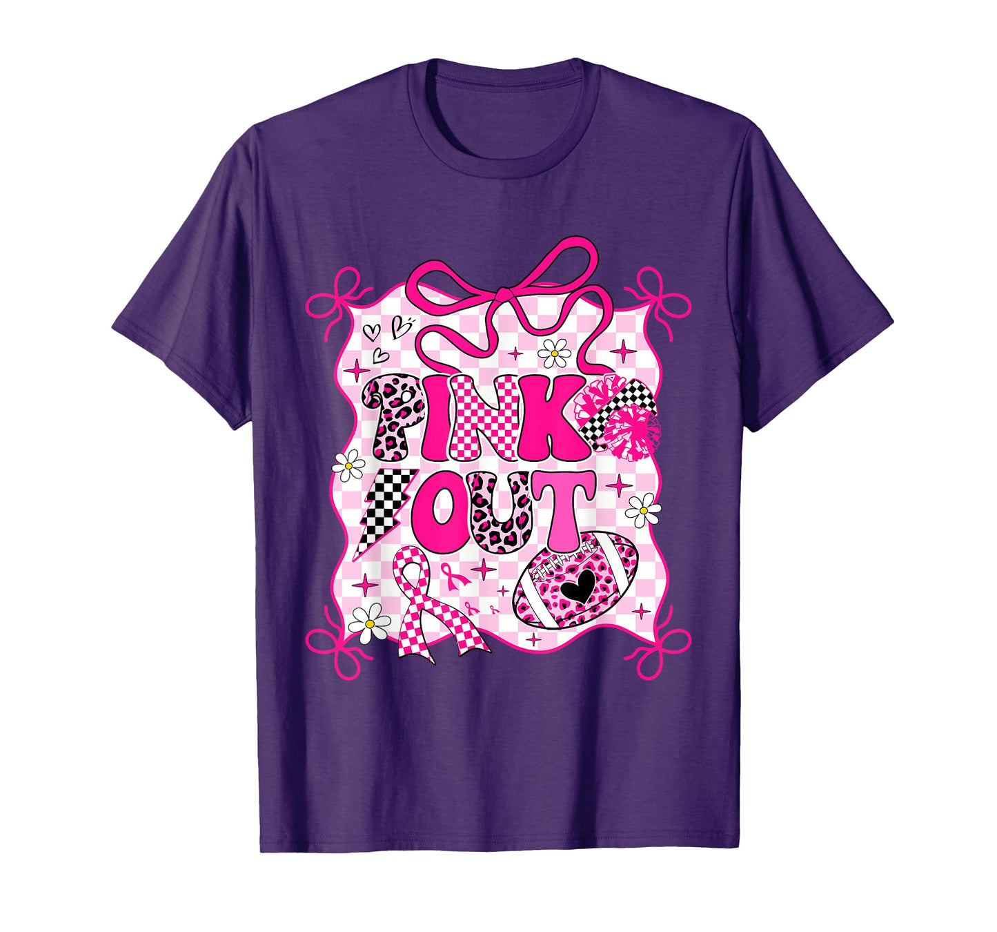 Checkered Football Breast Cancer Pink Ribbon Pink Out Women T-Shirt