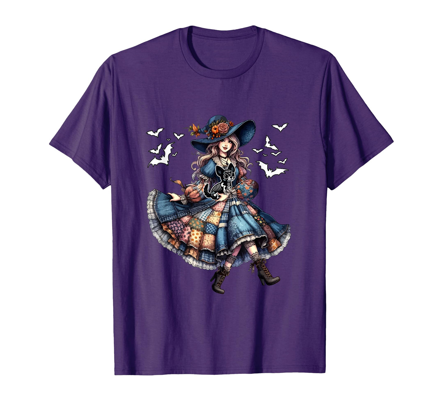 Floral Witch Hugging Chihuahua Cosplay Skeleton Halloween T-Shirt
