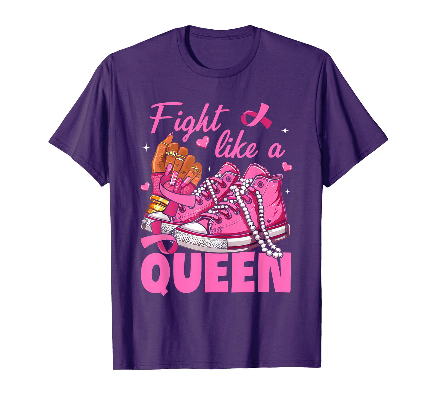 Fight Like A Queen Black Women Breast Cancer Pink Ribbon T-Shirt