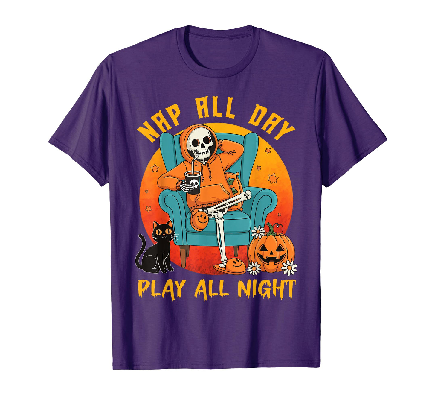 Nap All Day, Play All Night Pumpkin Cat Halloween Skeleton T-Shirt