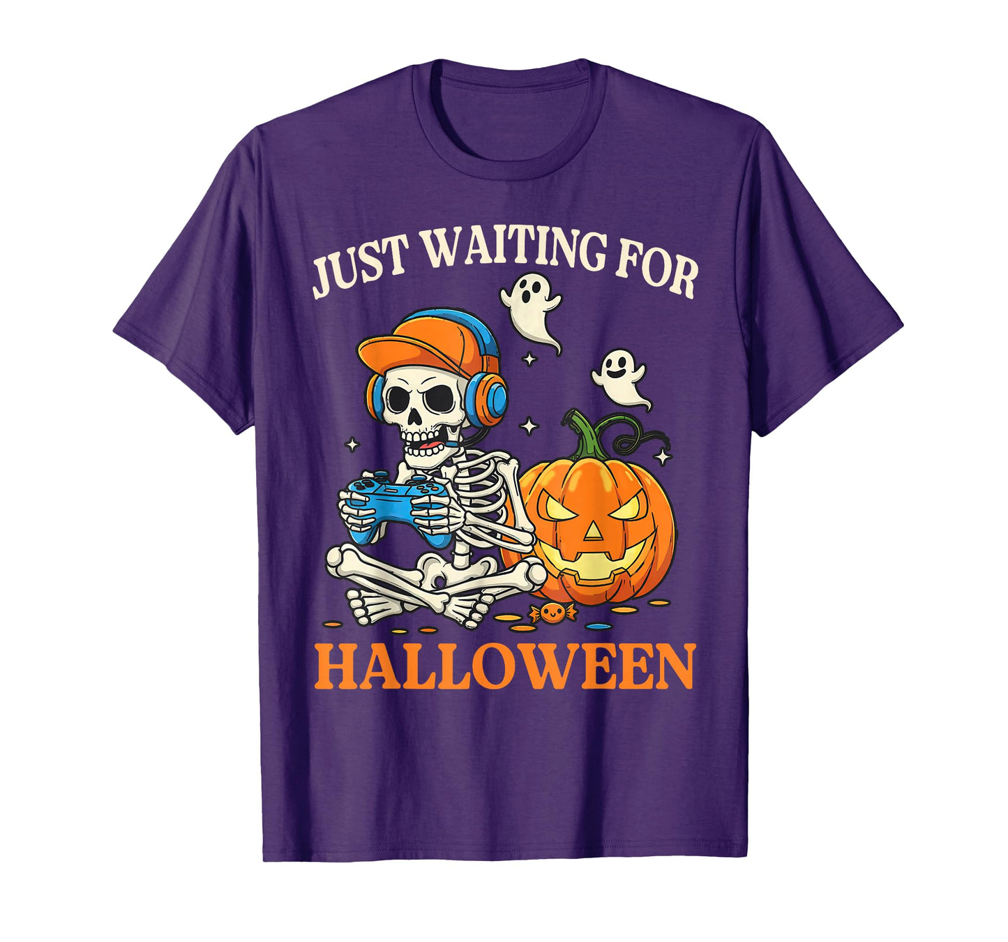 Funny Just Waiting for Halloween Skeleton Playing Video Game T-Shirt