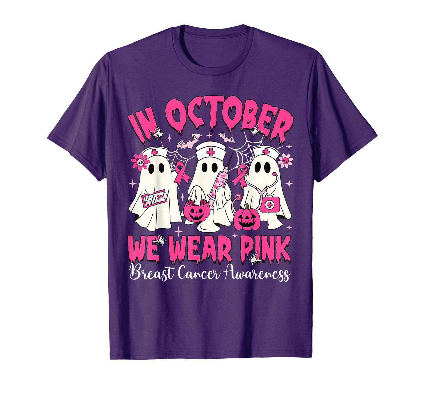 In October We Wear Pink Nurse Ghost Halloween Breast Cancer T-Shirt
