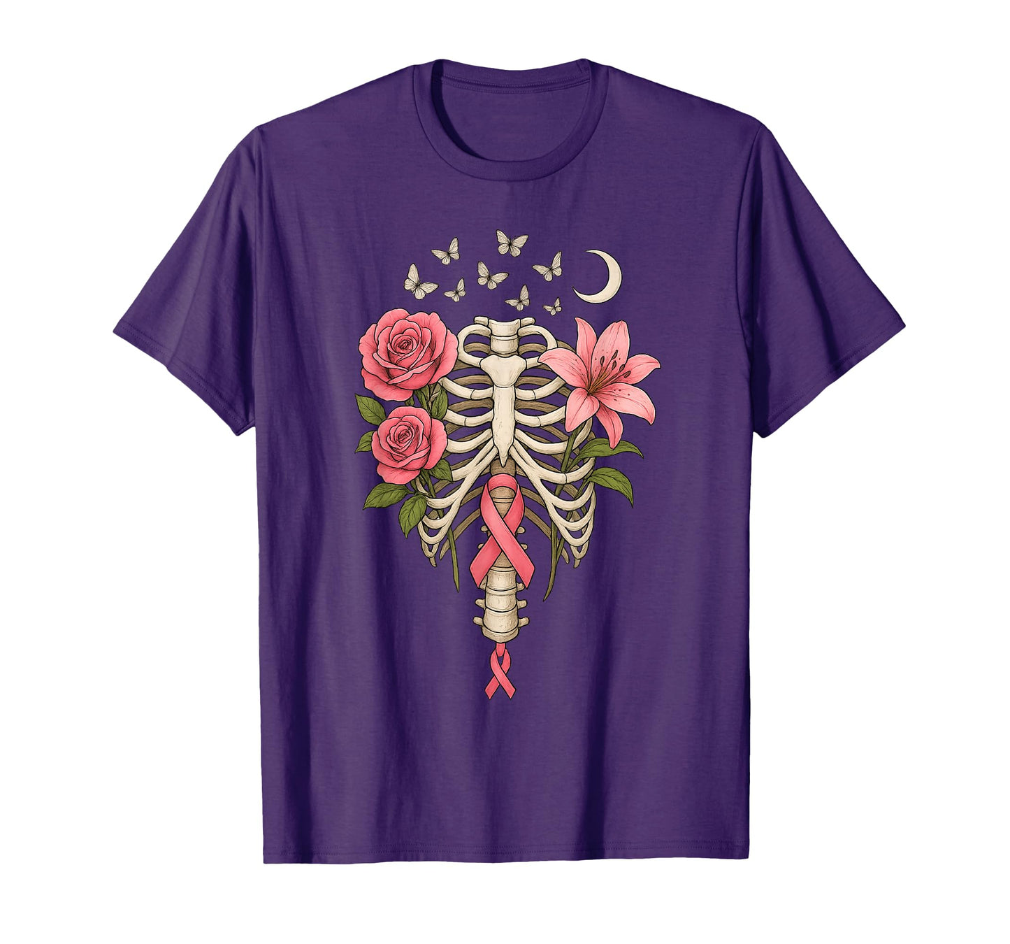 reast Cancer Skeleton Floral Awareness Ribcage Moon T-Shirt