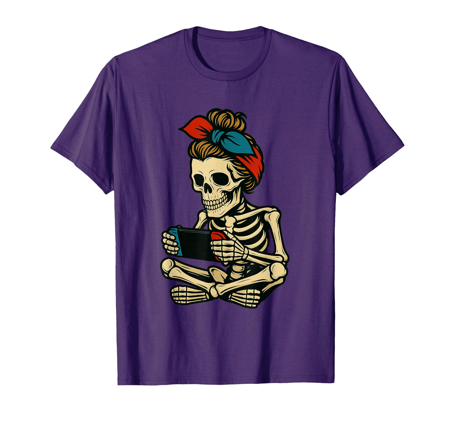 Messy Bun Gamer Girl Funny Skeleton Halloween Gaming Kids T-Shirt