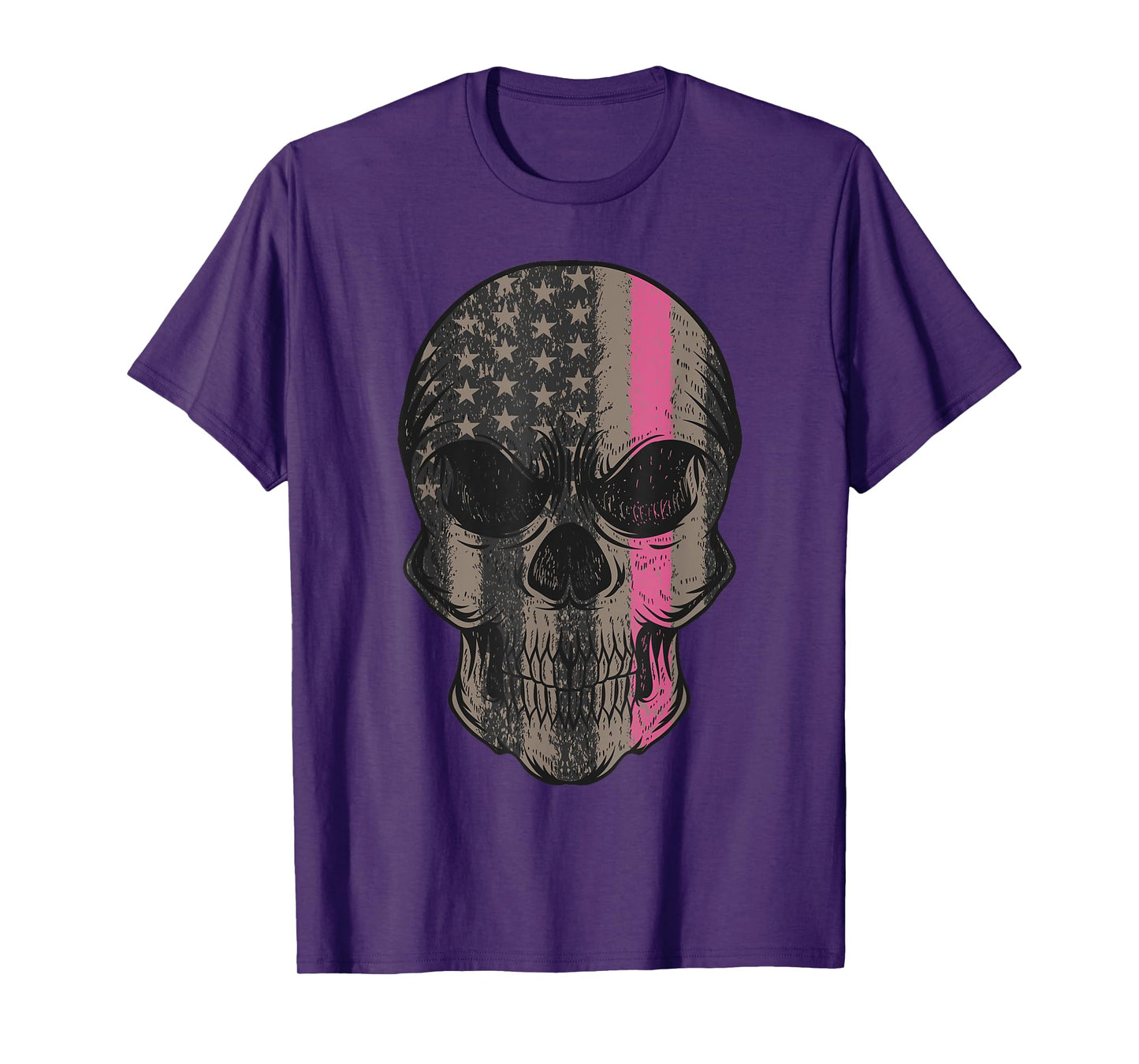 Thin Pink Line Breast Cancer Awareness American Flag Skull Women Men T-Shirt