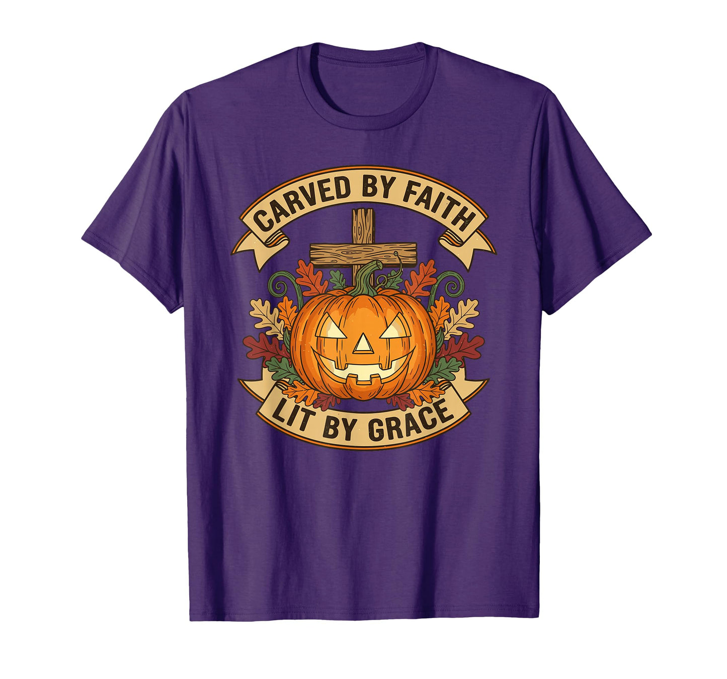 Carved by Faith Lit by Grace Pumpkin Oak Leaves Christian T-Shirt