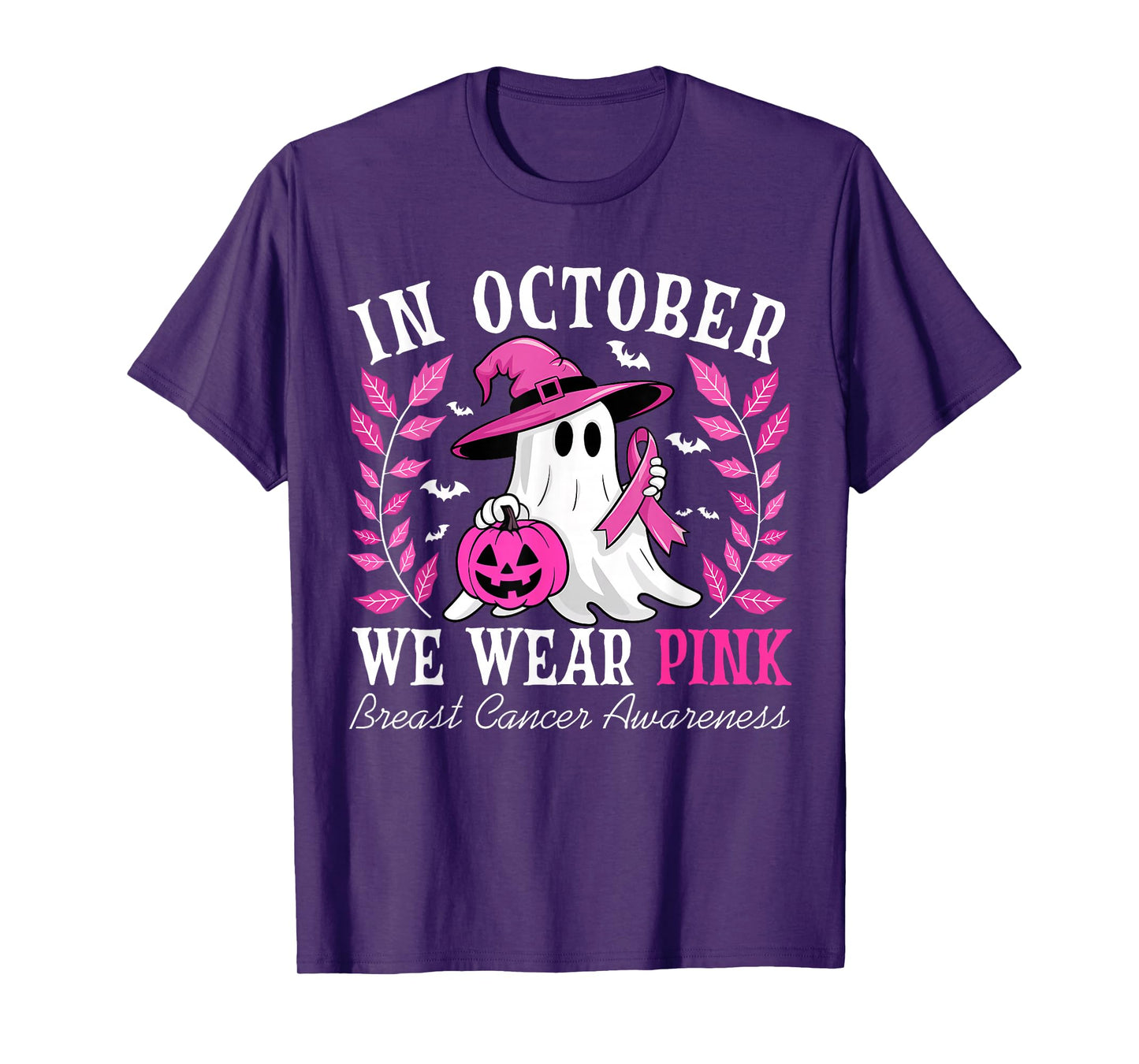 in October We Wear Pink Ribbon Breast Cancer Ghost Halloween T-Shirt