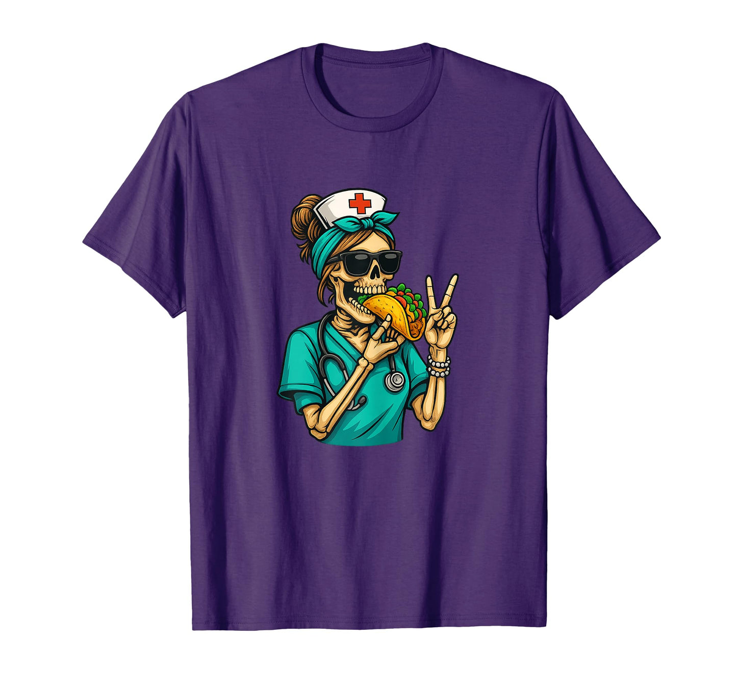 Funny Skeleton Taco Food Nurse Peace Sign RN Halloween T-Shirt