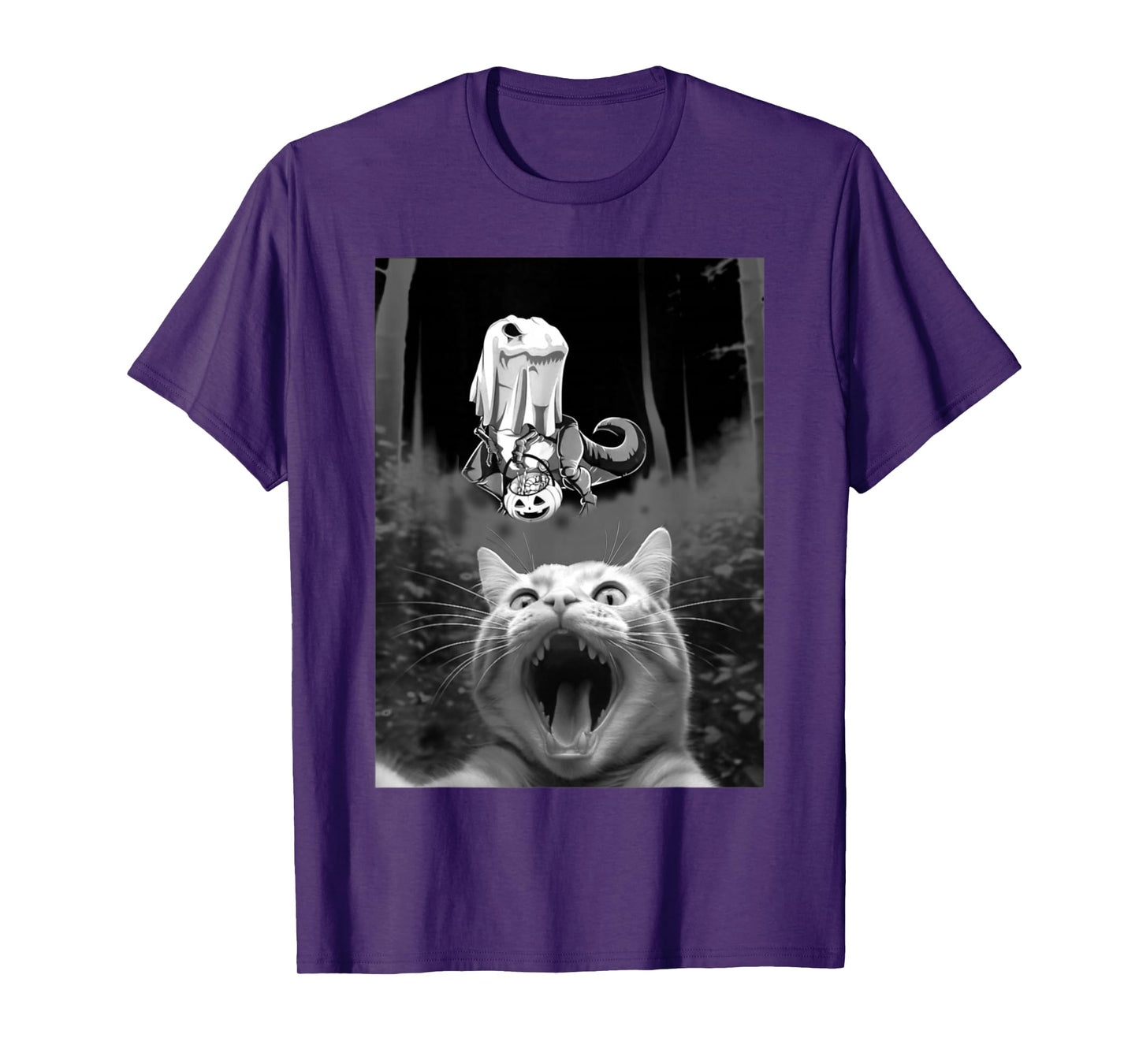 Surprised Cat Selfie with Dinosaur Skeleton Halloween Boo T-Shirt