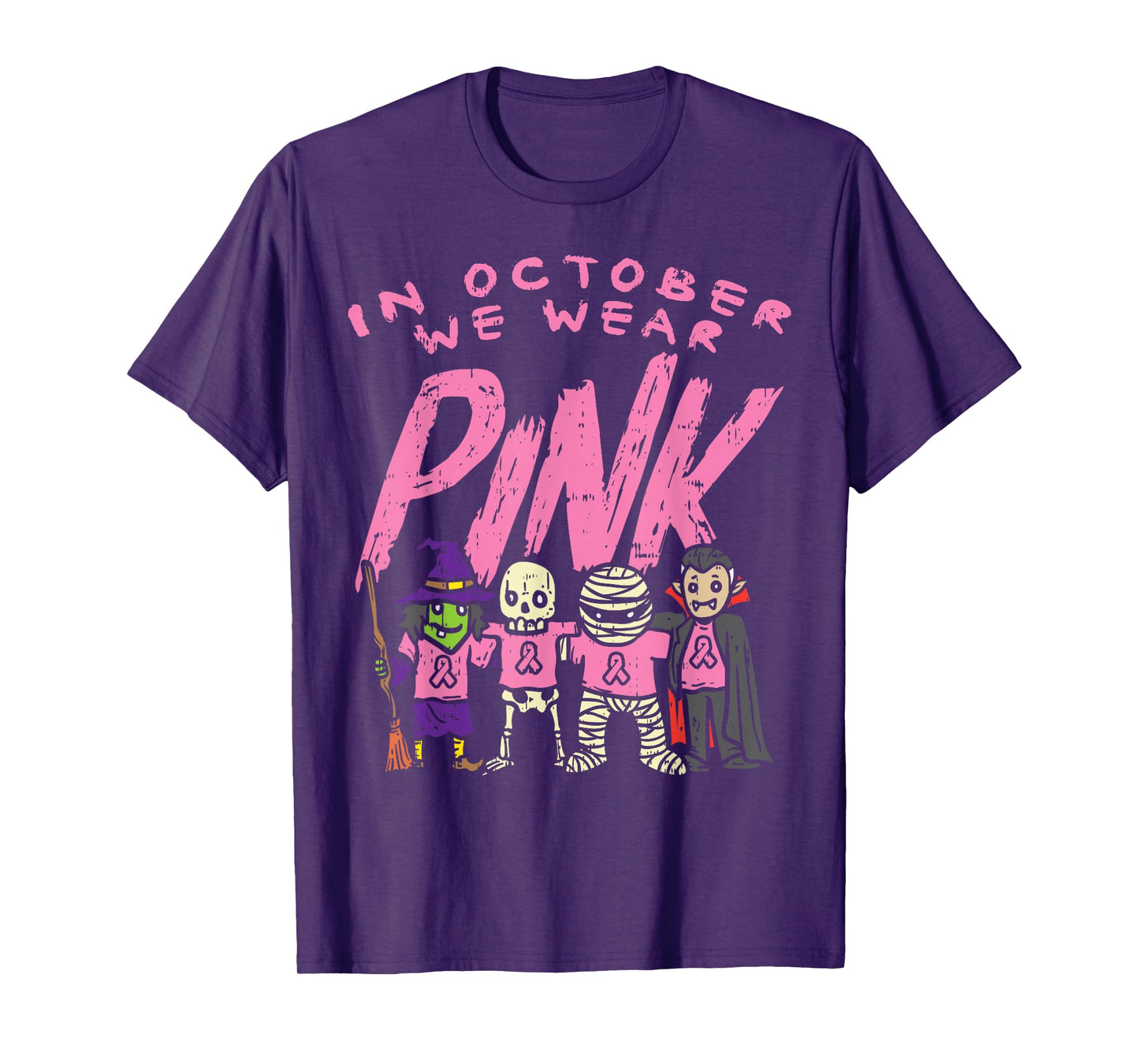 October We Wear Pink Witch Skeleton Halloween Breast Cancer T-Shirt