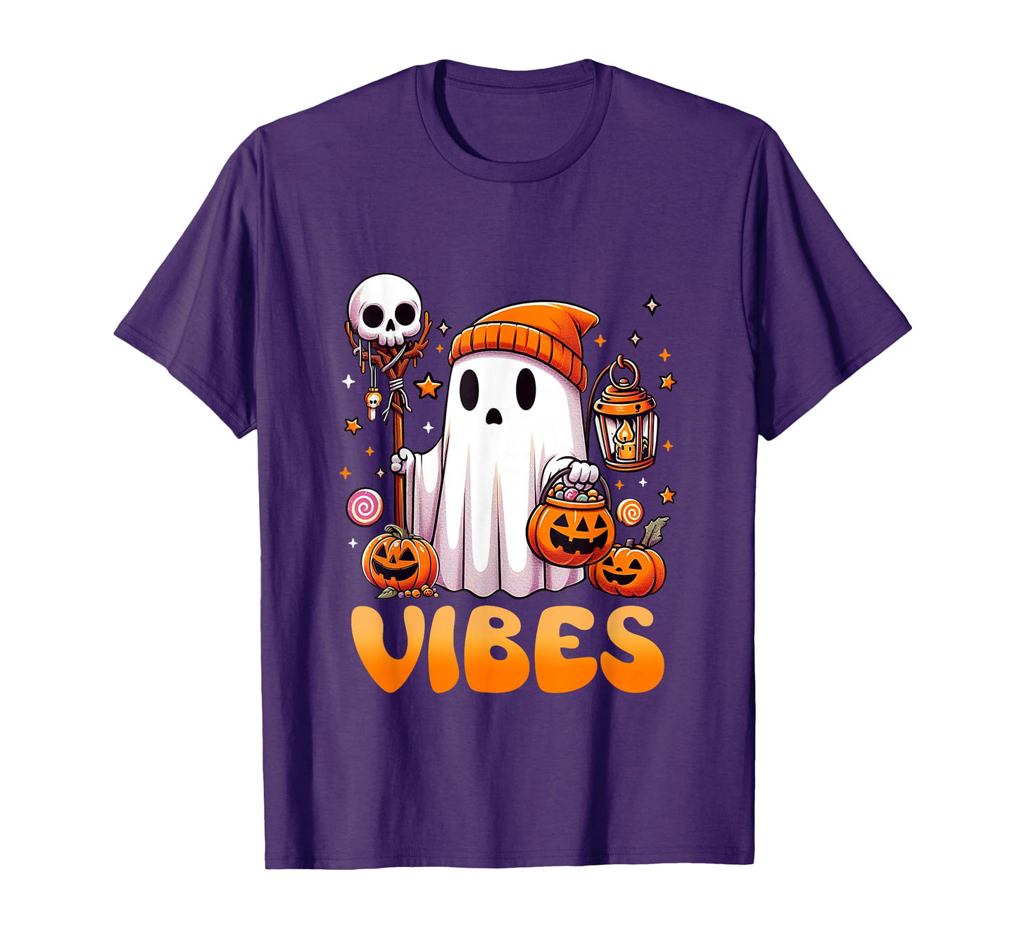 Groovy Spooky Vibes Retro Ghost Holding Pumpkin Halloween T-Shirt