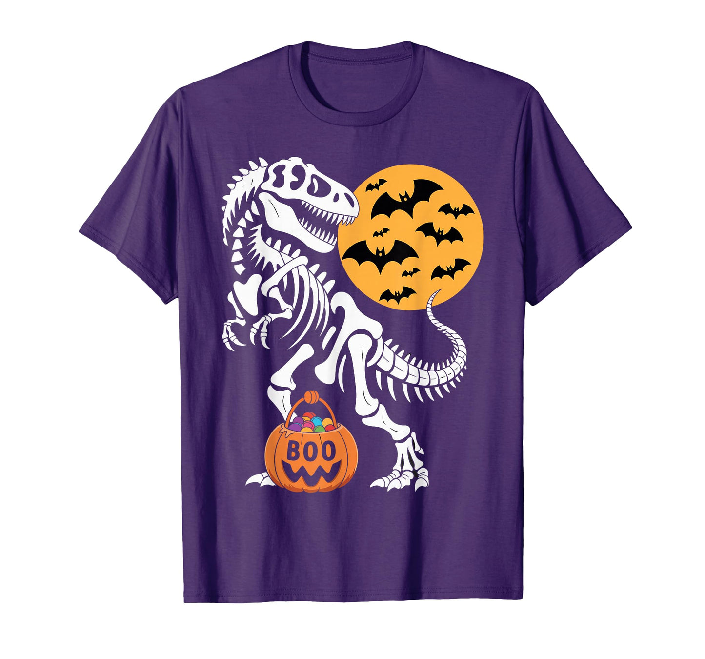 Halloween Dinosaur Skeleton T-Rex Pumpkin Moon Boys T-Shirt