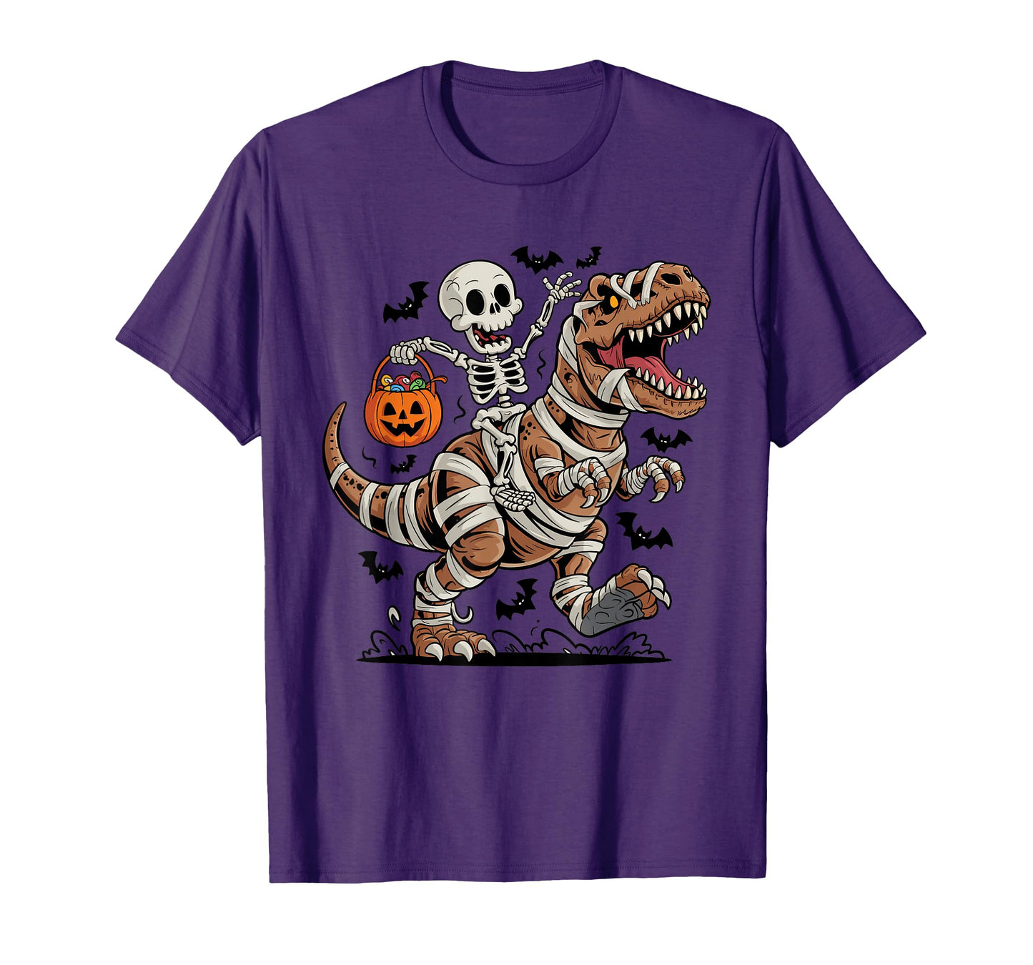 Funny Skeleton Riding Mummy T Rex Dinosaur Trick or Treat T-Shirt