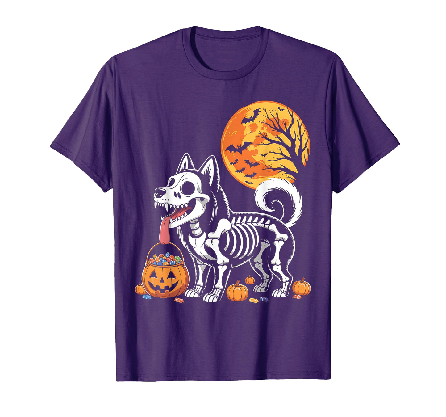 Siberian Husky Dog Skeleton Scary Pumpkin Moon Halloween T-Shirt