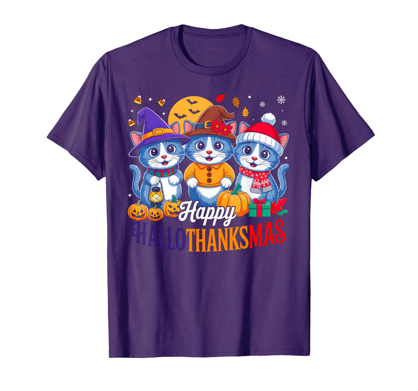 Happy Hallothanksmas Shirt Cat Lover Halloween Thanksgiving T-Shirt