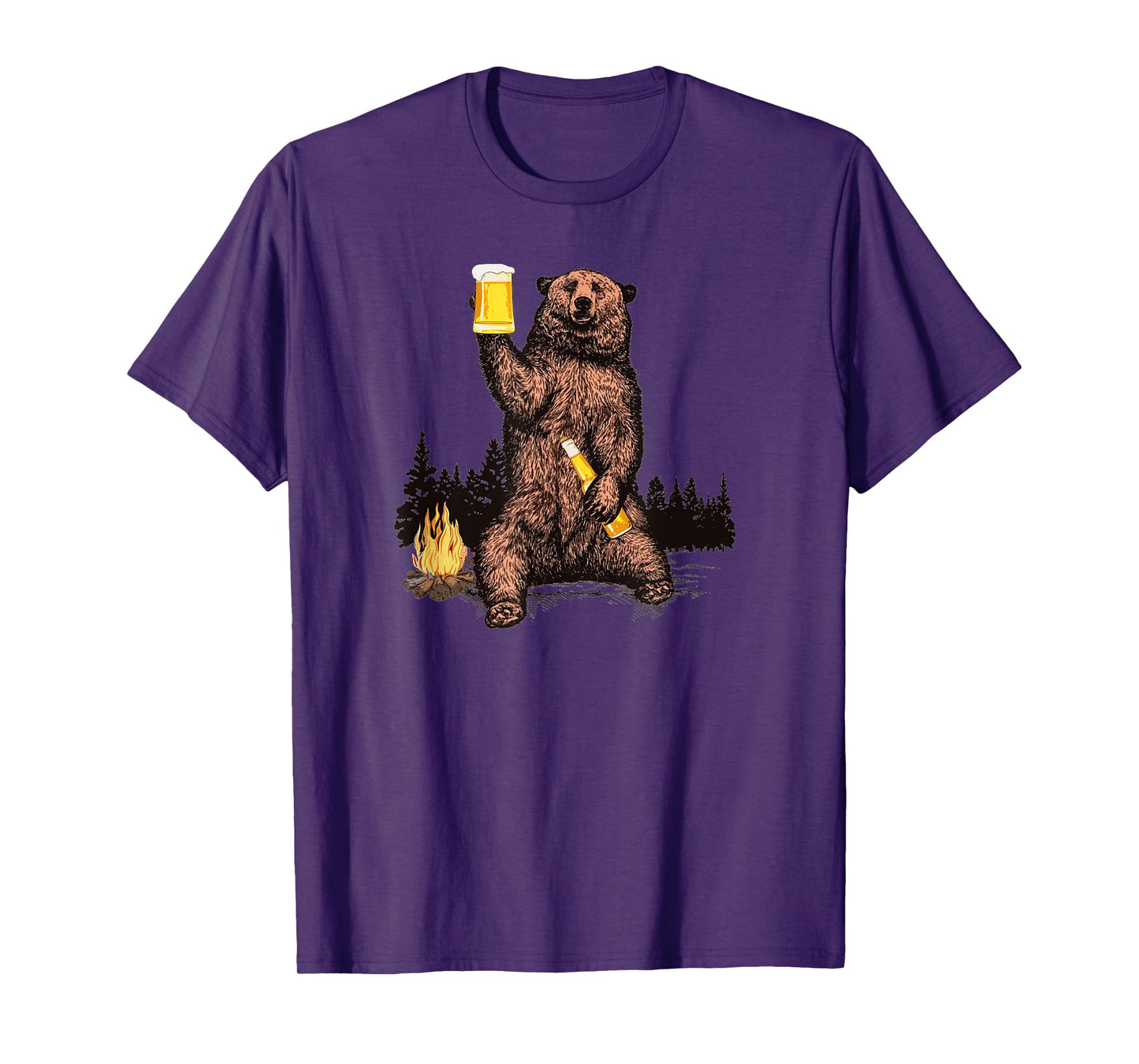 Bear Drinking Beer Camp Fire Woods Outdoor Funny Grizzly T-Shirt