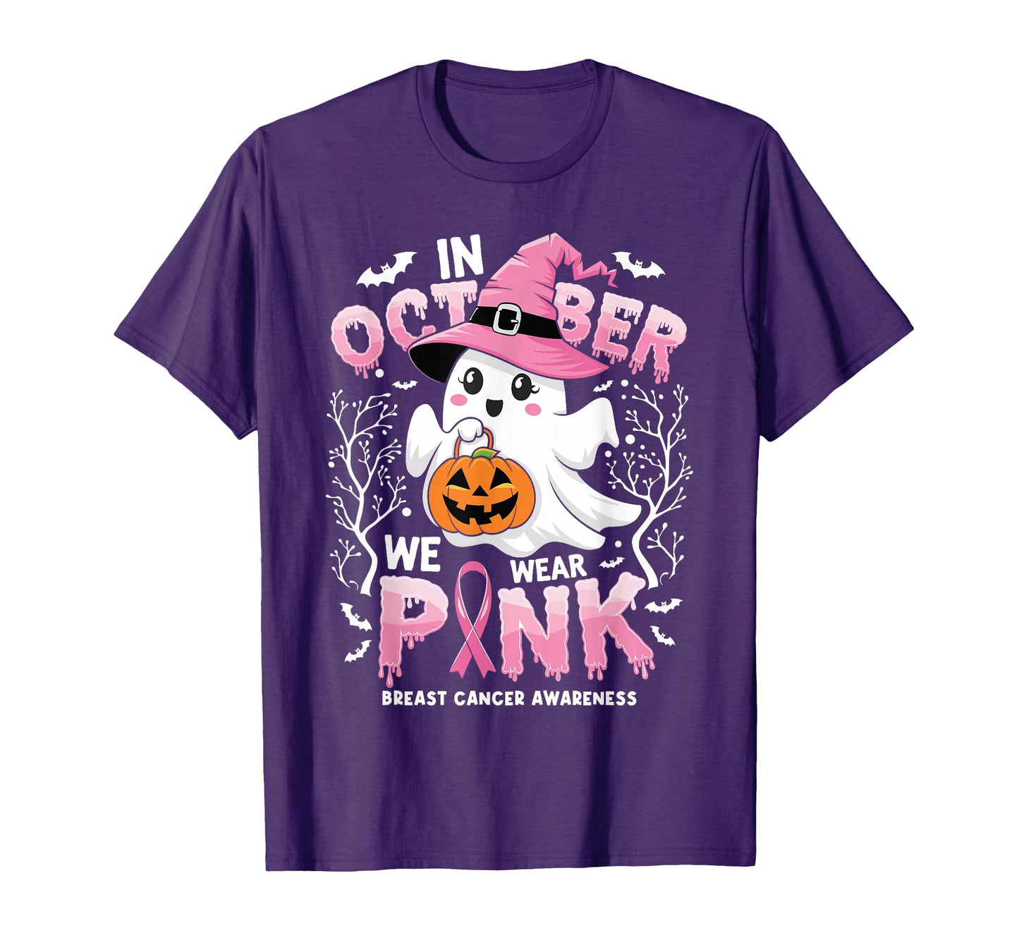 In October We Wear Pink Ghost Witch Breast Cancer Awareness T-Shirt