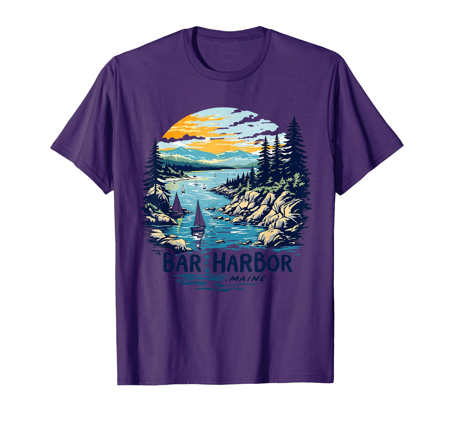 Vintage Bar Harbor Maine Sunset Coastal Cityscape Retro T-Shirt