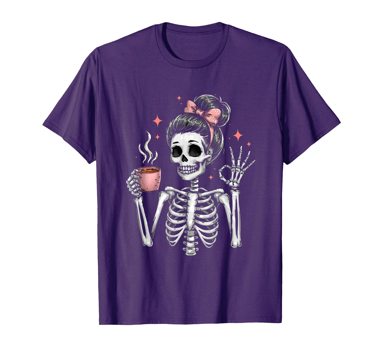 Messy Bun Drinking Coffee for Women Skeleton Tired Mom T-Shirt