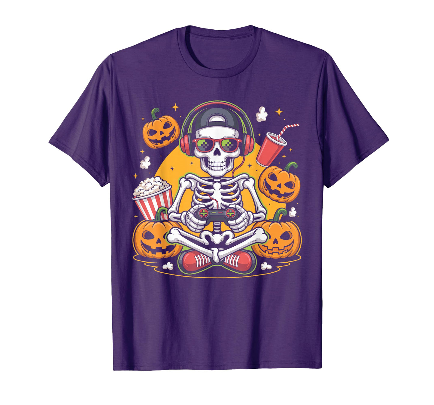 Halloween Skeleton Gamer Video Funny Popcorn Halloween T-Shirt
