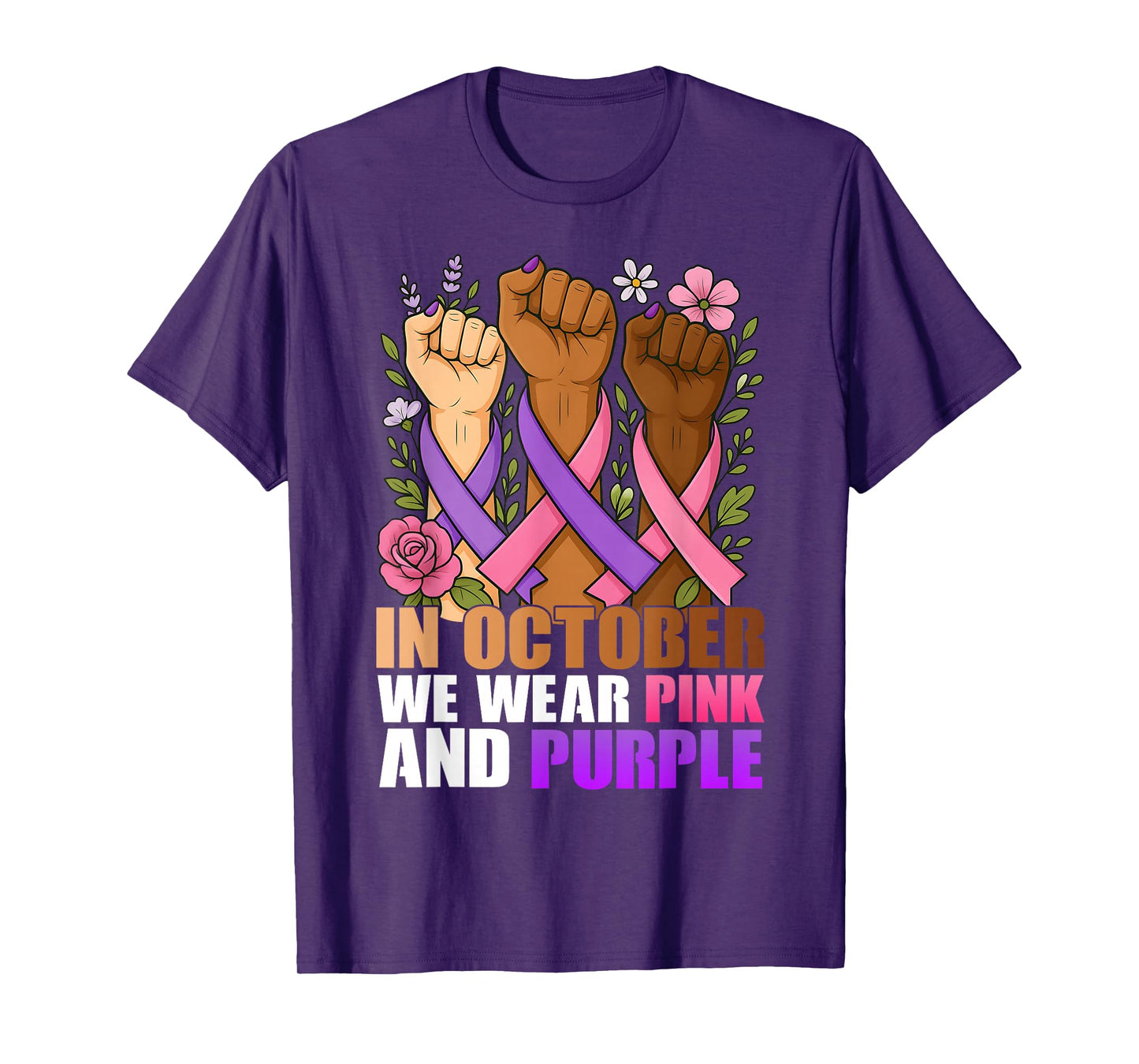 October Breast Cancer Domestic Violence Pink Purple Ribbon T-Shirt
