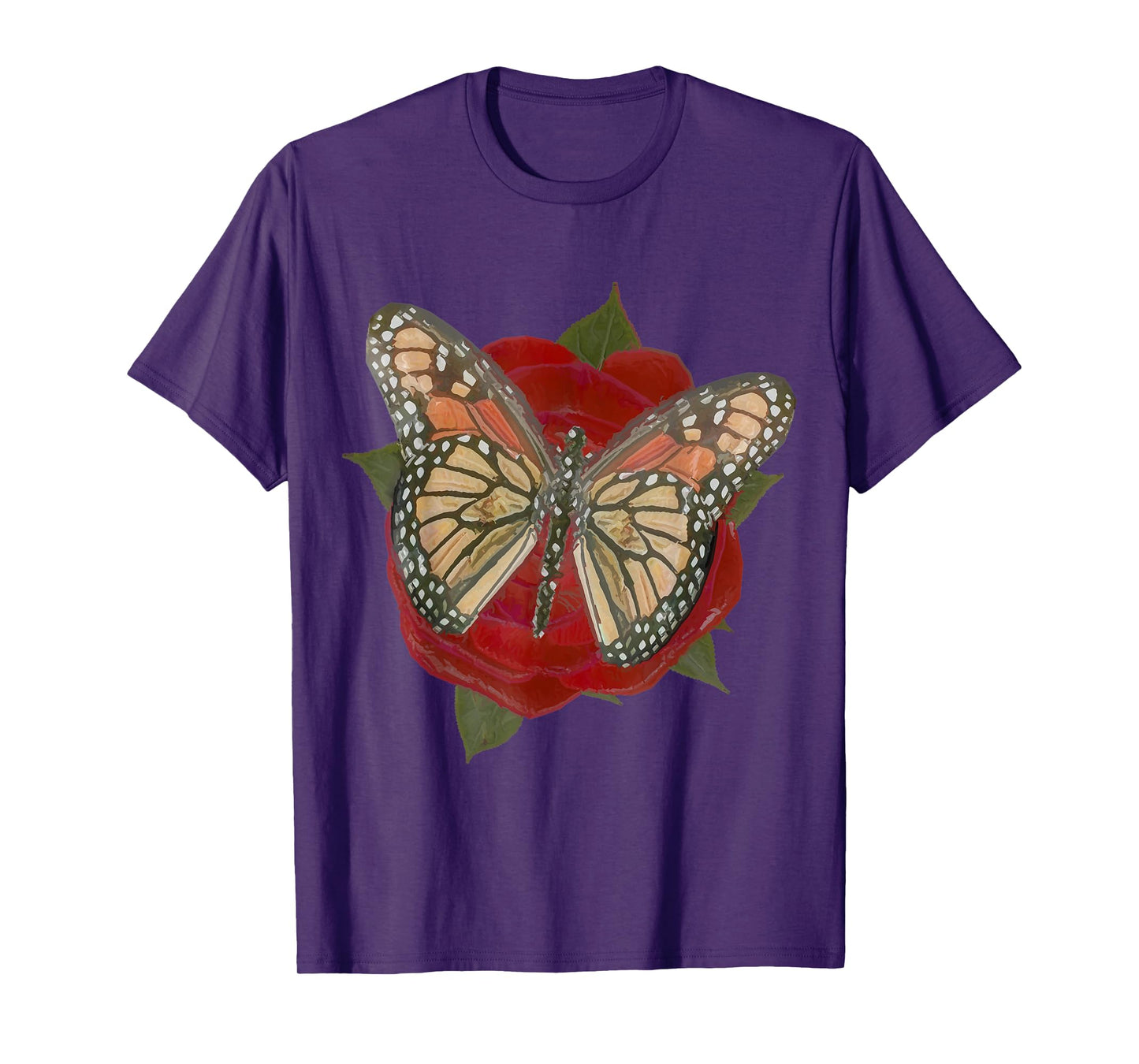 Rose Red Flower Orange Black Monarch Butterfly Graphic Print T-Shirt