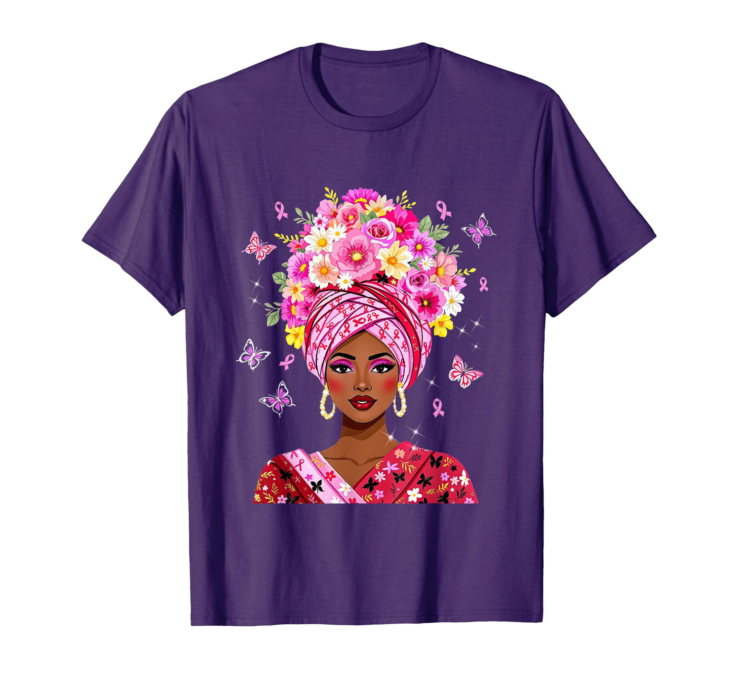 Floral Breast Cancer Black Women Afro Pink Ribbon Survivor T-Shirt