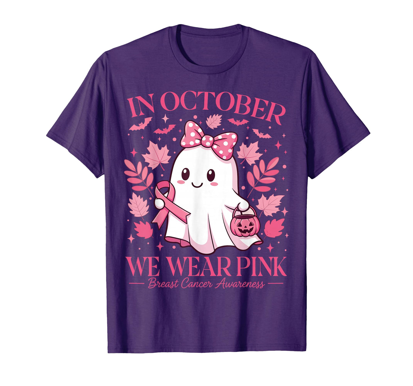 October We Wear Pink Breast Cancer Ghost Halloween Pumpkin T-Shirt