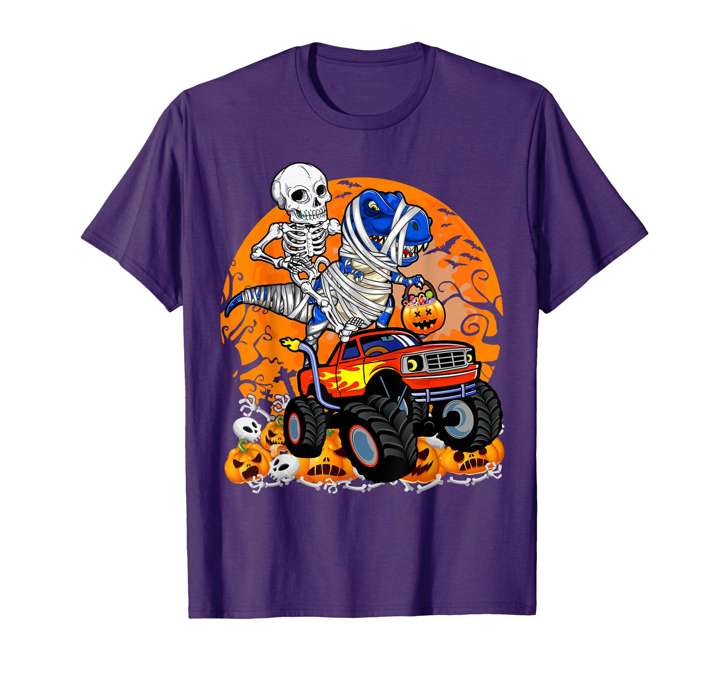 Skeleton Riding Dinosaur T-rex Mummy Monster Truck Halloween T-Shirt
