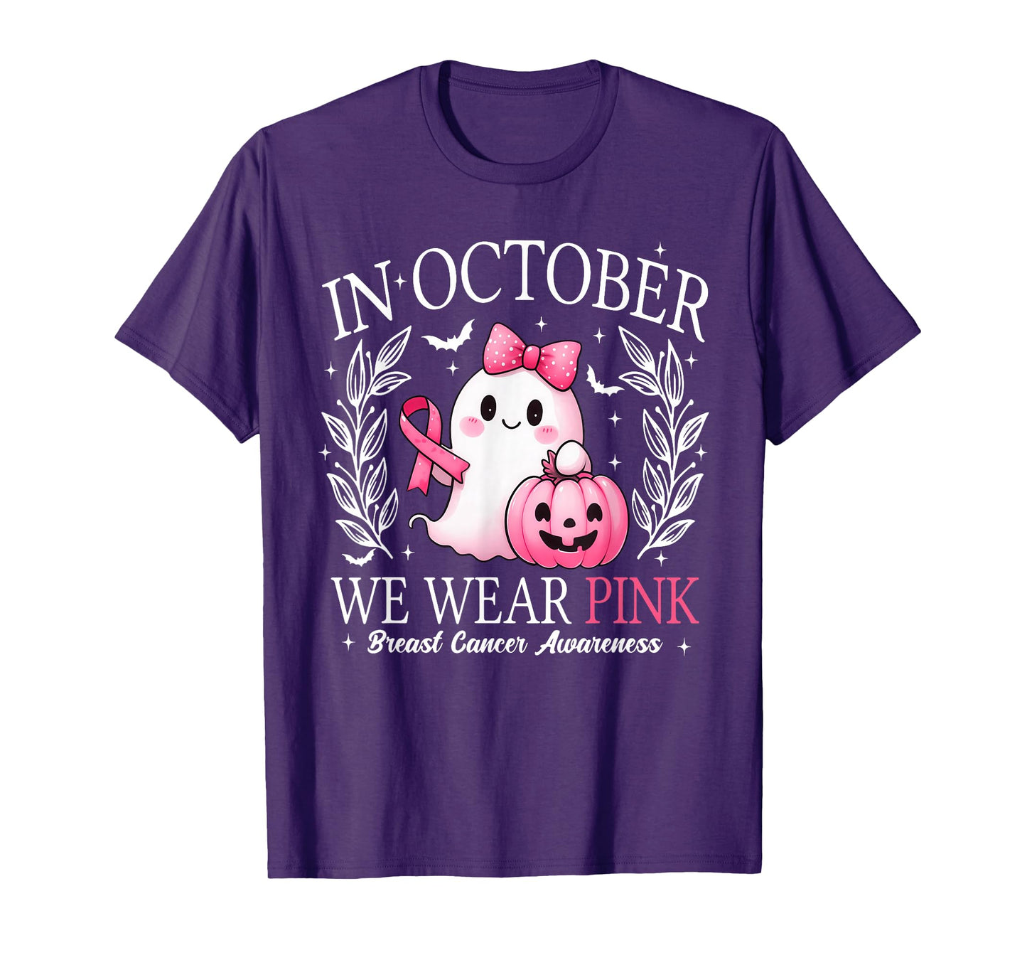 in October We Wear Pink Ghost Witch Breast Cancer Awareness T-Shirt