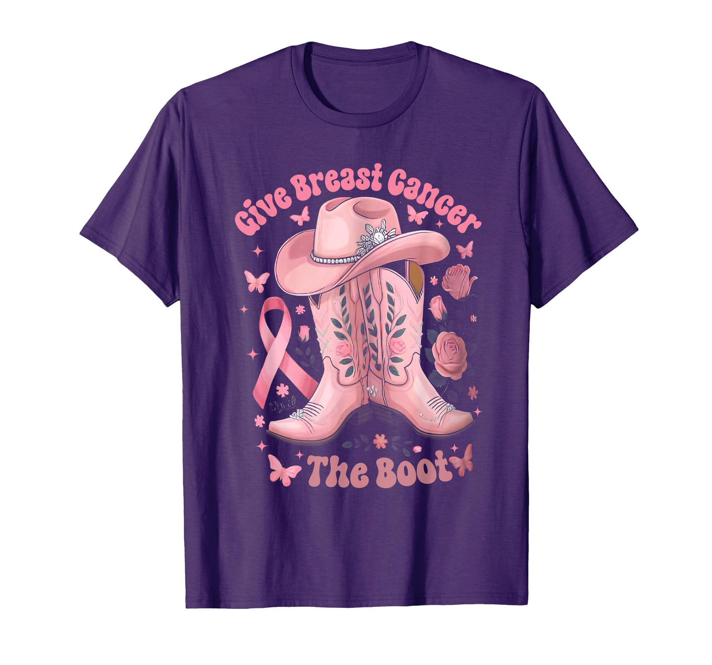 Give Breast Cancer The Boot Pink Ribbon Western Cowboy Boots T-Shirt