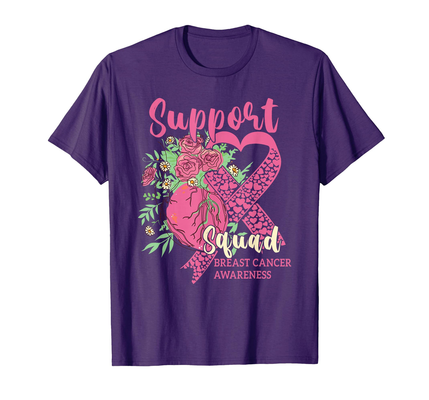 Breast Cancer Awareness Cute Heart Pink Ribbon Support Squad T-Shirt