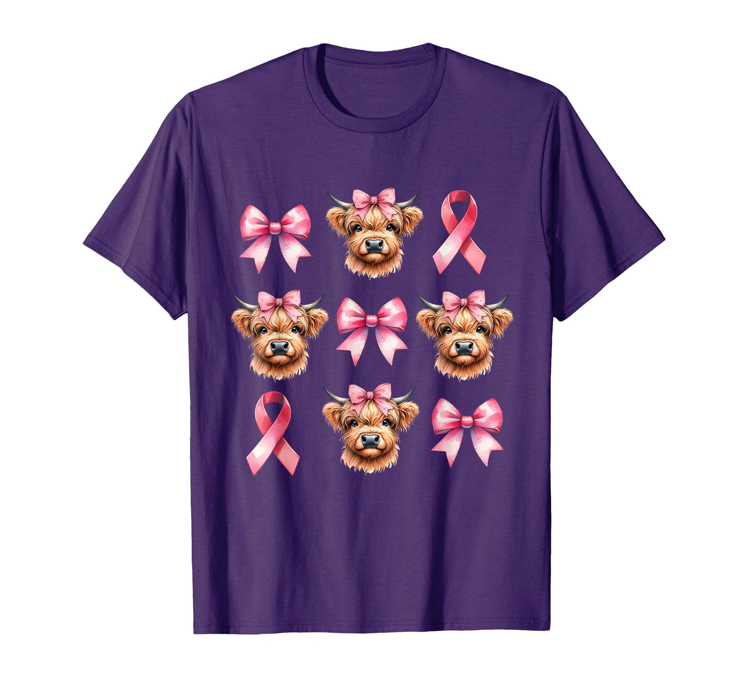 Coquette Bow Pink Ribbon Highland Cow Pink Breast Cancer T-Shirt