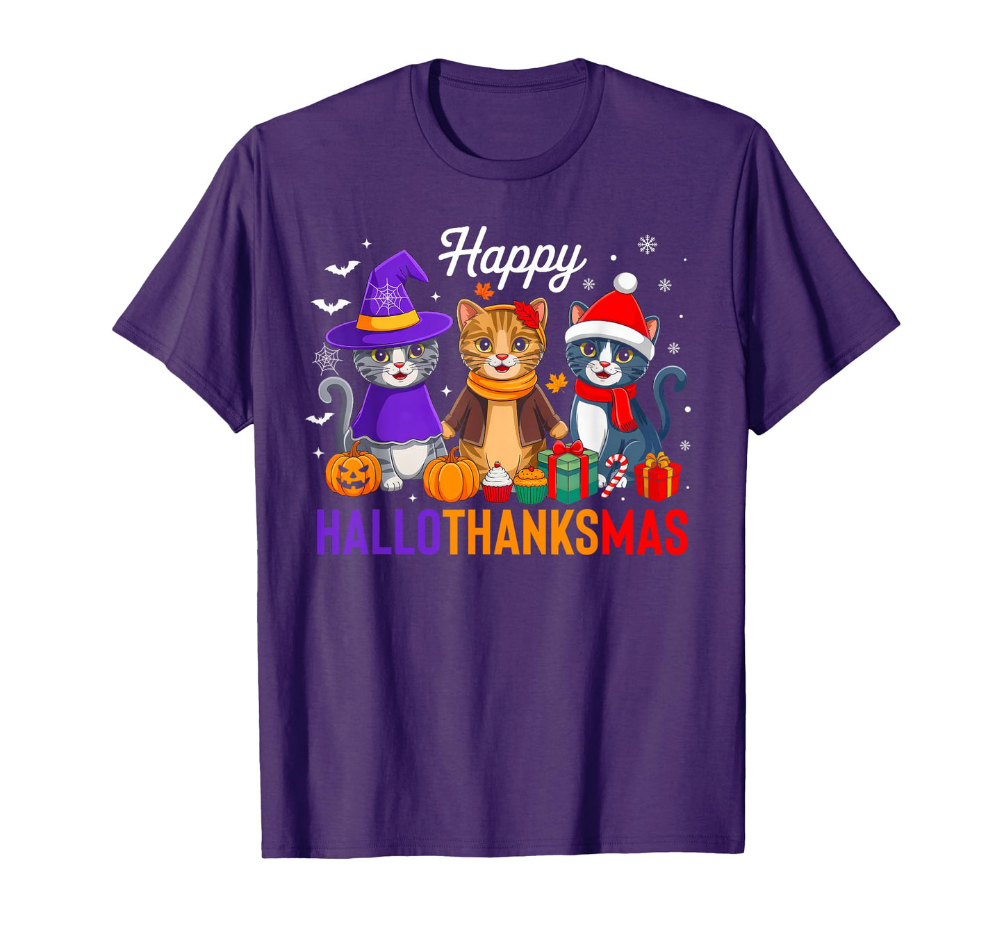 Happy Hallothanksmas Cat Halloween Thanksgiving Christmas T-Shirt