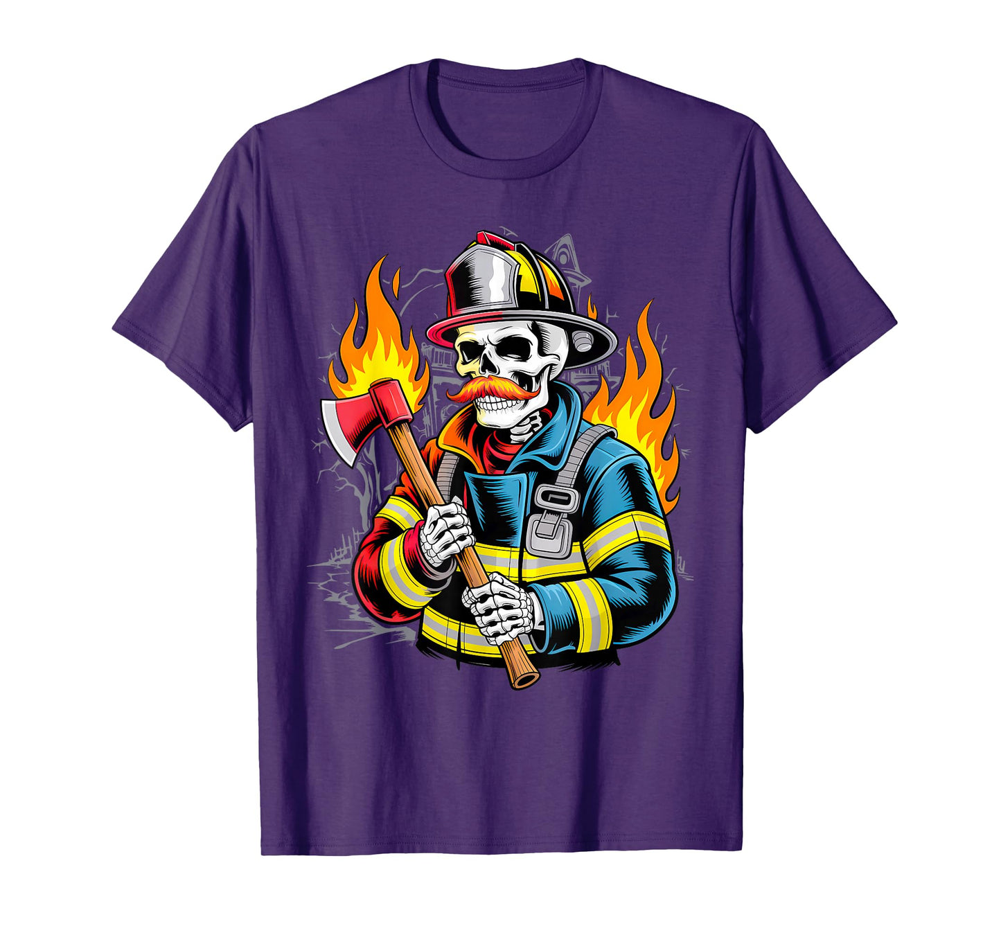 Skeleton Firefighter Lazy Halloween Costume Skull Fireman T-Shirt