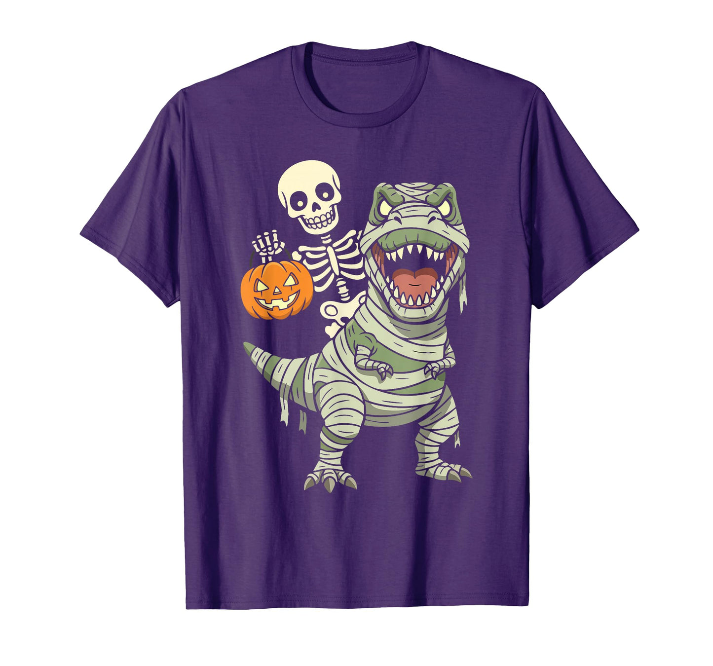 Skeleton Riding Mummy Dinosaur T rex Halloween Funny Pumpkin T-Shirt