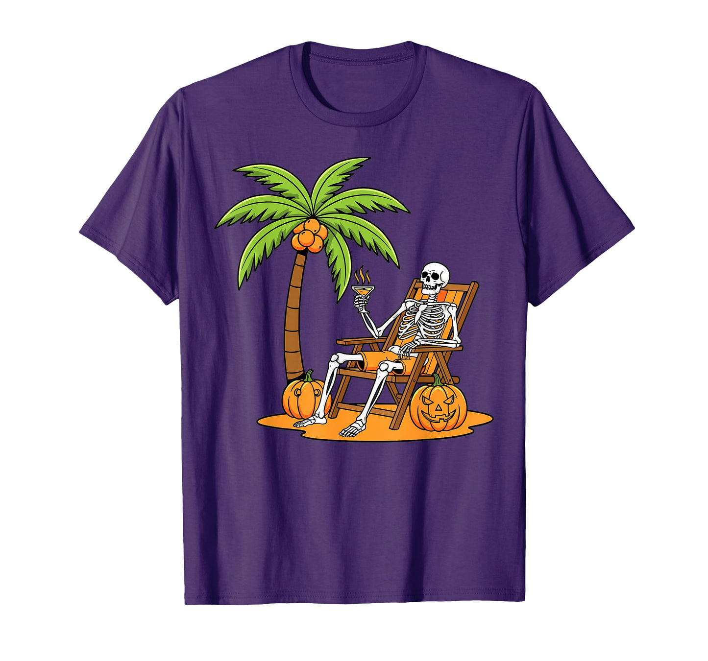 Halloween Skeleton Beach Vacation Palm Tree Pumpkin T-Shirt