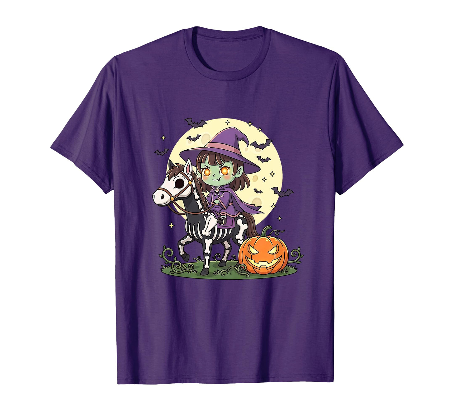 Halloween Girl Witch Riding Horse Skeleton T-Shirt