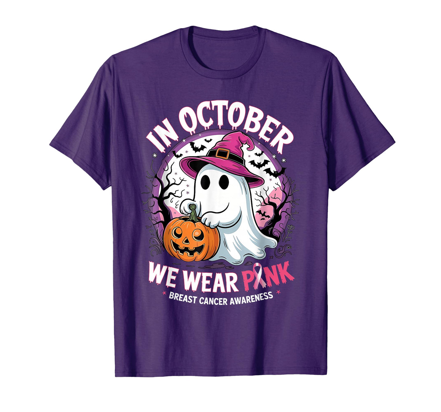 in October We Wear Pink Ghost Witch Breast Cancer Awareness T-Shirt