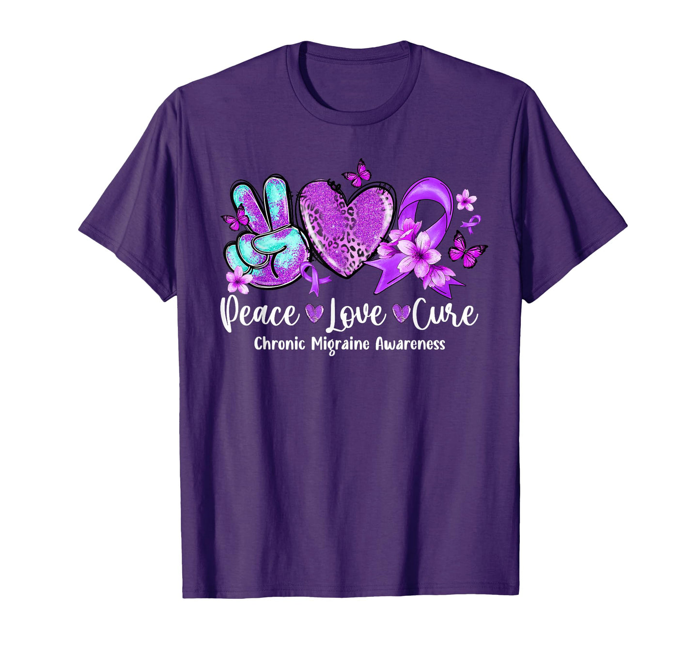Peace Love Cure Purple Ribbon Chronic Migraine Awareness T-Shirt