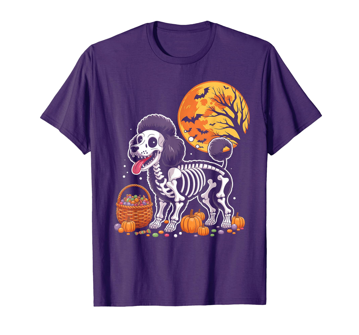 Miniature Poodle Dog Skeleton Scary Pumpkin Moon Halloween T-Shirt