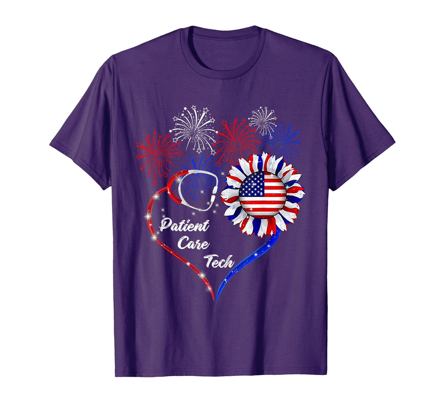 American Flag July 4th Firework Sunflower Patient Care Tech T-Shirt