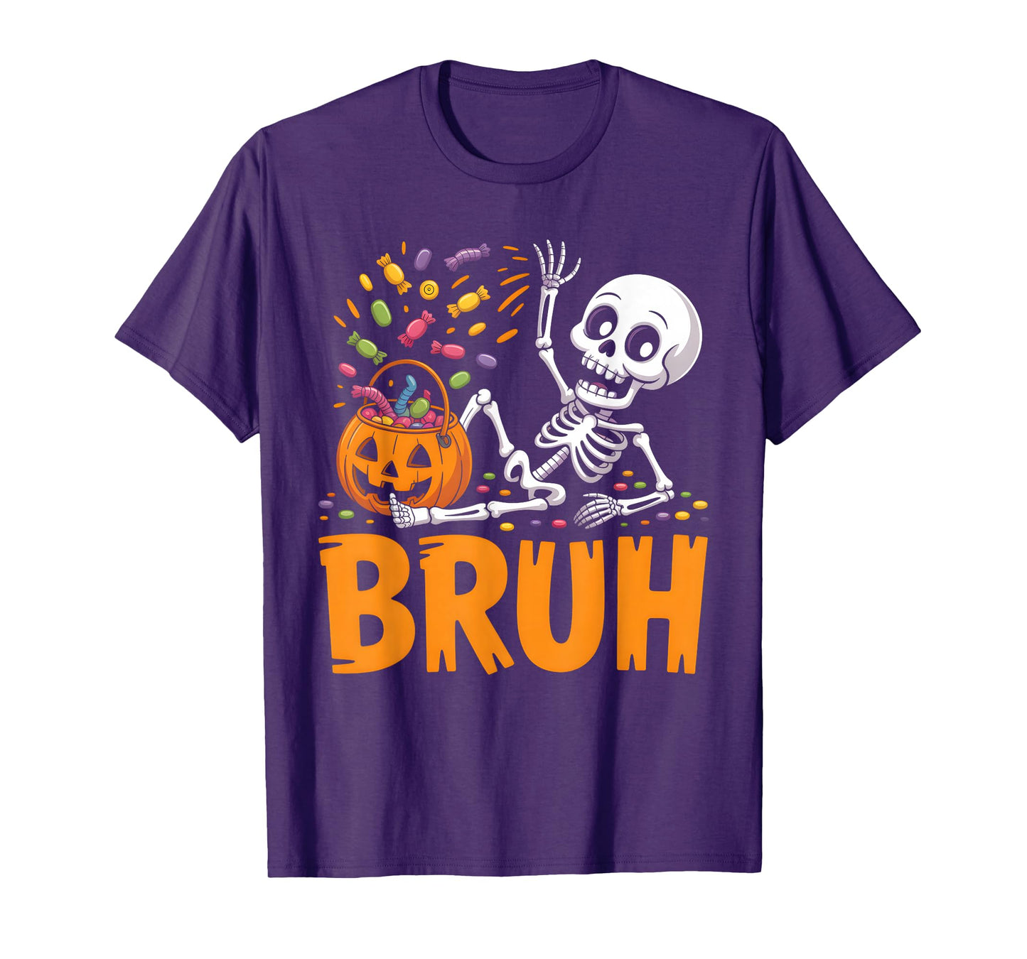Funny Bruh Skeleton Spilling Candy Men Boys Kids Halloween T-Shirt