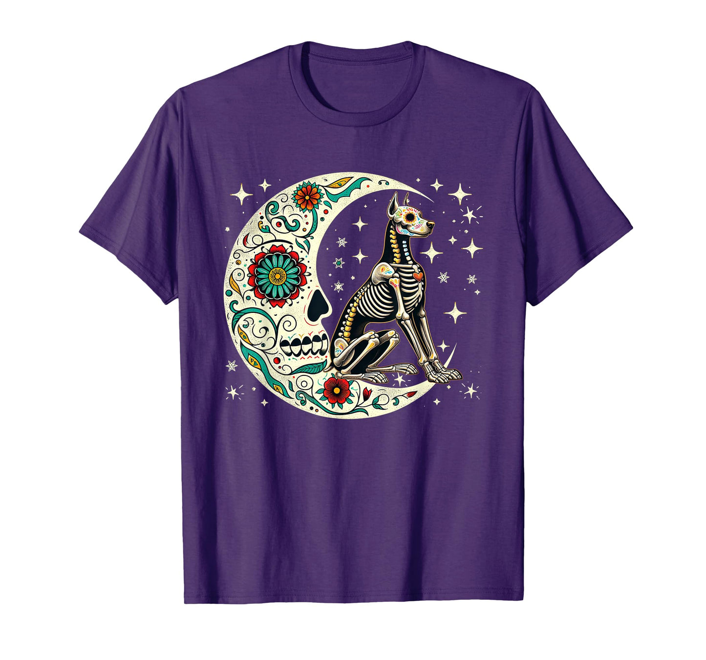 Dia De Los Muertos Halloween Moon Floral Skeleton Dobermann T-Shirt